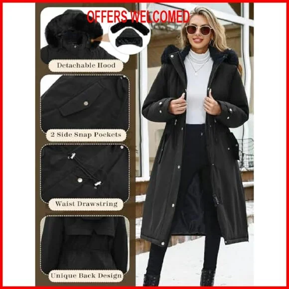 Long Puffer Winter Coat with Removable Fur Hood, Windproof Fleece Lining - Picture 3 of 8
